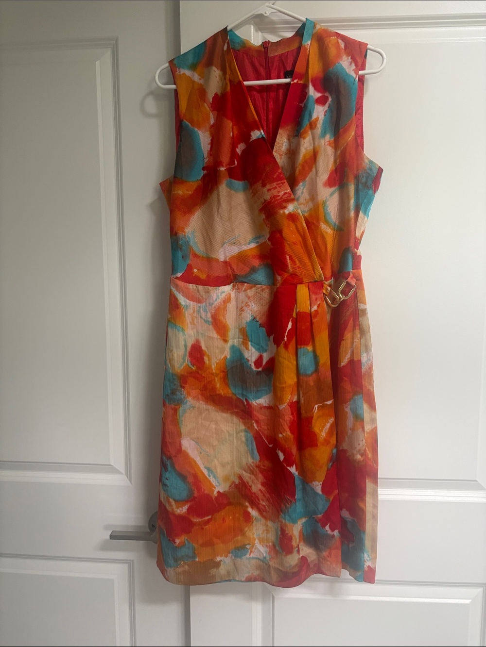 Leslie Stuart Abstract Print Sleeveless Wrap Midi Dress in Red, Orange & Teal 12